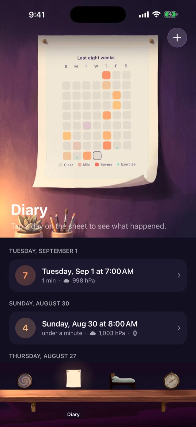 Diary: a sheet of paper pinned to a wall showing eight weeks as a calendar