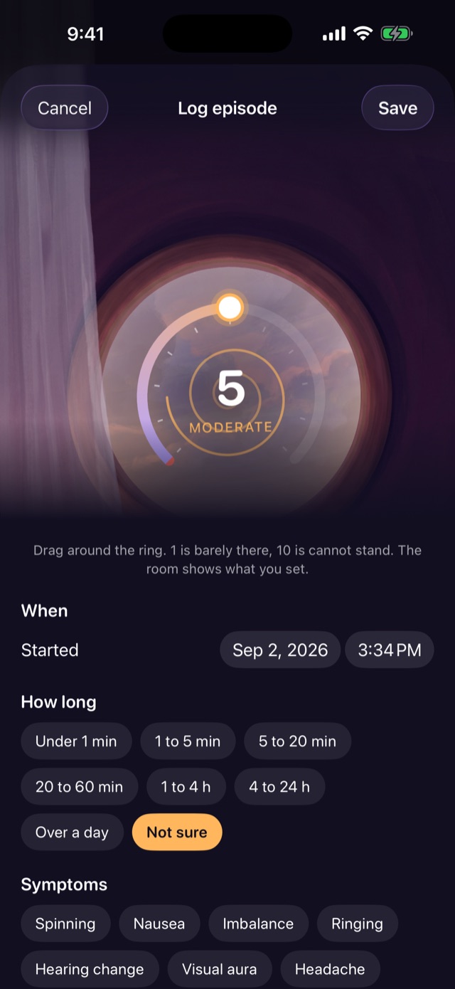 Logging an episode: the dial in the window set to five, moderate
